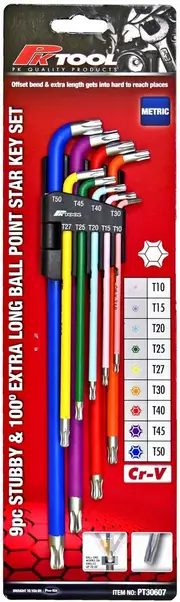 PKTool PT30607 - Torx Key Set - Stubby Head & 100 deg Extra Long Ball Point - 9 Piece
