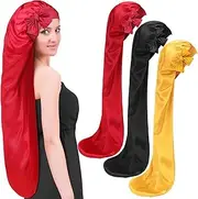 Geyoga 3 Pcs 40 Inches Extra Long Satin Bonnet for Sleeping Silk Hair Bonnet for Women with Tie Band Foldable Braids Hair Sleep tie, Black, Wine Red and Gold