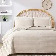 HIARUO Quilt Set Twin Size, 2 Pieces Bedspread Coverlet Comforter Set Lightweight Thin Bedding Blanket with 1 Pillow Covers Shams Modern Full Cover for All Season, Beige Cream Star Pattern