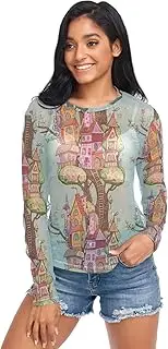 [RPLIFE] Cartoon Tree House Women Mesh Shirt, Sexy Mesh Tops for Women S-XXL