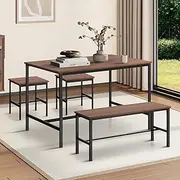 Oikiture Industrial Dining Table 4 Seaters with Kitchen Bench Chairs Natural