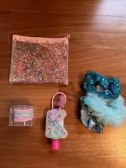 Justice Glitter Hand Sanitizer Letter K+Confetti Bag +Pony Binders + Scrunchies