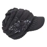 C-US Women Winter Warm & Soft Knit Hat Crochet Visor Brim Cap with Flower Acc...