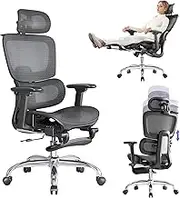 LarkLeaves Office Chair with Footrest, Ergonomic Chair with 3D Headrest, Desk Chair with Adjustable Backrest & 3D Armrest, Gaming Chair with Adaptive Lumbar Support, Mesh Backrest & Cushion, Black