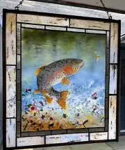 One Of A Kind Custom Stained Glass "Rising Trout" Nature Scene Hanging