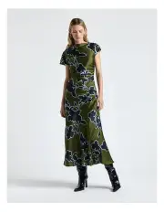 [Cue] Olivine Illustrated Floral Satin Midi Dress in Green