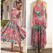 Mister Zimi Size 8 S Pink Floral Inks Dress Vintage Floral Maxi Halter Dress