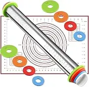 Roccar Rolling Pin and Silicone Baking Pastry Mat Set, Stainless Steel Dough Roller, Rolling Pins with Adjustable Thickness Rings, for Baking Dough, Pizza, Pie, Pastries, Pasta, Cookies