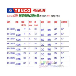 ☆水電材料王☆電光牌 TENCO ES-83B050 電能熱水器 50 加侖 單相 ES83B050 立式 部分地區免運