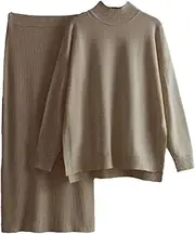 [Generic] Women's Winter Warm Knitted Sets Women's O-Neck Side Split Sweater Tops High Waist Midi Wrapped Hip Skirt 2PC Sets