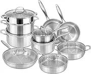 Stainless Steel Pots and Pans Set – 17pcs Cookware with Glass Lids – Induction Hob Pot Set – Cooking Saucepan Pots & Frying Pan Set – by Nuovva