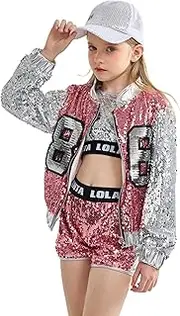 LOLANTA 4-Piece Girls Hip Hop Sequins Costume, Sparkly Graphic Jacket, Shiny Crop Tank Top, Metallic Shorts,4-15 Years