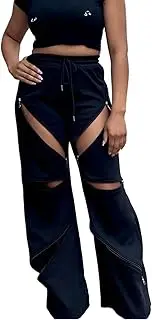 [Unybwonn] Women High Waist Wide Leg Y2k Sweatpants Baggy Patchwork Multi Zipper Ripped Cutout Joggers Pants Streetwear