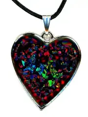 large HEART OPAL PENDANT, silver framed, mosaic Necklace, leather cord