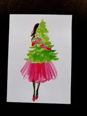 VTG Unused Glittered Xmas Greeting Card Shy Young Lady Holding Tree In Her Arms