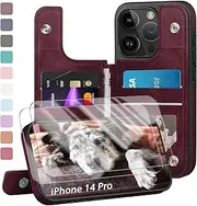 Designed for iPhone 14 Pro Case Wallet, Card Holder Case with [2 Screen Protectors][Magnetic Clasp Cover][RFID Blocking Leather] Shockproof Women Men Cases 6.1" for Apple 14 Pro Wine Red