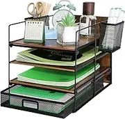 IOUGDSEC 4 Tier A4 Mesh in Tray Wood & Metal Desktop File Organizer With 2 Pen Holder,Mesh Office Desk Supplies Organizer Document Letter Tray Holder with Drawer for Office,School and Home