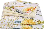 JSD 6 Piece Yellow Floral Print Sheet Set Queen Size, Soft Botanical Microfiber Sheets and Pillowcases Deep Pocket