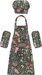AIXIWAWA Kids Apron Chef Hat Set, Child Kitchen Bib Aprons Adjustable for Cooking Baking Painting (Cute Jungle Animals)