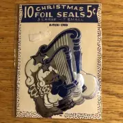 Vtg Sealed Pkg 10 DENNISON Xmas Gummed Paper Seals Foil Angel w/ Harp -2 Sizes