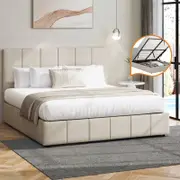 Oikiture Bed Frame Gas Lift Beige Fabric- Double