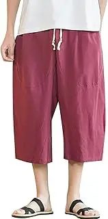 Mens Cotton Linen Harem Capri Pants Lightweight Wide Leg Drawstring Elastic Waist Baggy Trousers with Pockets