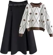 [Generic] Women's Crewneck Long Sleeve Vintage Knitted Sweater Half Skirt Two Piece Female Spring Winter Clothing Set