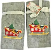 Santa Sleigh Christmas Tree Fingertip Towels Embroidered Set of 2 Guest Holiday