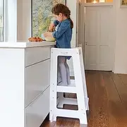 Stepup Baby Montessori Learning Tower Kitchen Helper Stand, Adjustable Toddler Steps with Safety Rail, Solid Wood, White
