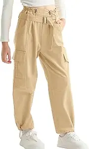 [Rolanko] Girls Loose Cargo Pants with Belt Wide Leg Corduroy Cargo Trousers Kids Hip Hop Pants Joggers with Pockets