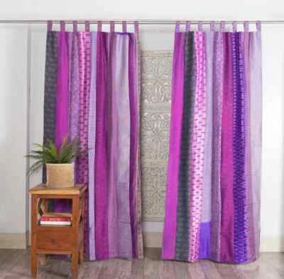 2 Pcs Indian Sari Patchwork Curtain Drape Window Decor Purple Silk Sari Curtain