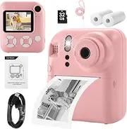 Kids Camera Instant Print,Toys for Gifts Ages 3-12 Boys Girls Christmas Birthday,Selfie Digital Camera with 1080P Videos with 32GB Card,Toddler Portable Travel Camera