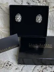 NIB VTG JOAN RIVERS GRAY ENAMEL CRYSTAL RHINESTONE EGG SILVER CLIP ON EARRINGS
