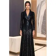 Black Tuxedo Dress A-Line Evening Gown Elazer Dress Formal Wedding Floor Length Long Sleeve V Neck Satin Peak Lapel with Stretch Sequin 2025
