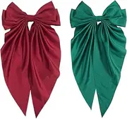 Lopsity 2PCS Big Hair Bows for women Big Bow Hair Clips French Barrette with Long Silky Satin Ribbon for Girl Womens Lady (red+green)