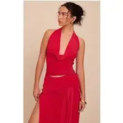 Tomato Red Double Layer Slinky Cowl Neck Top, Tomato Red