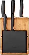 Fiskars Bamboo Design Block with 5 Knives, Functional Form, Including Vegetable, Tomato, Santoku Chef's, Chef's and Bread Knife, Bamboo/Plastic, 1057552