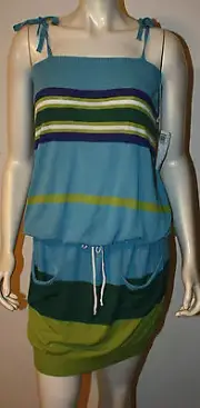 BENETTON Knit Dress NWT M Blue Green White Purple Stripe Drawstring Waist Pocket