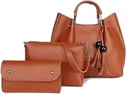 [Tangyongjiao] Luggage & Bags 3 in 1 Crosss Texture PU Shoulder Bag Ladies Handbag Messenger Bag with Bead Tassel (Black) (Color : Brown)