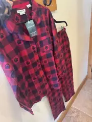 ORVIS WOMEN'S MATCHING FLANNEL PJ SET RED&BLACK PLAID WITH PAW PRINTS NWT DOG PA