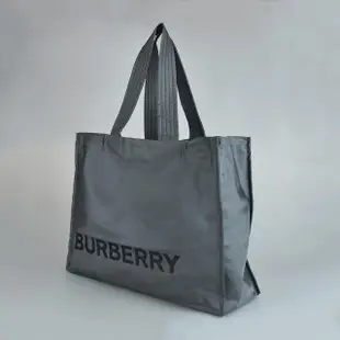 【BURBERRY 巴寶莉】BURBERRY 黑字LOGO精緻尼龍釦式手提肩背托特包(灰)