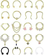 [Kakonia] 20Pcs 16G Septum Ring Surgical Steel Clicker Nose Ring Hoop Hinged Horseshoe Piercing Daith Helix Piercing Jewellery Cartilage Earrings Gold Silver Nose Piercings Septum Piercing Jewellery