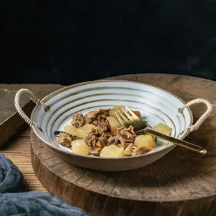 日式粗陶手作雙耳湯盤子創意水果沙拉碗菜盤家用焗飯陶瓷復古餐具