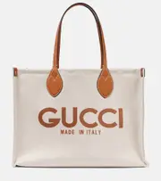 [Gucci] Gucci Medium logo leather-trimmed canvas tote bag One Size beige