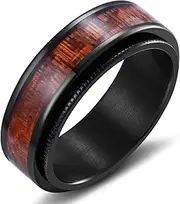 [Adreamz] 8mm Black Fidget Spinner Mens Wood Ring For Men Stainless Steel Wood Wedding Band Rings Pipe Cut/Gear Edge
