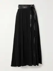 [CARAVANA] CARAVANA - + Net Sustain Cholul Leather-trimmed Frayed Wrap-effect Cotton-gauze Midi Skirt - Black - One size One size Black
