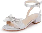 [Coutgo] Girls Sandals Flat Open Toe Rhinestone Ankle Strap Flower Wedding Dress Shoes Little Big Kids