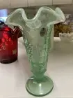 Fenton Iridescent Willow Green, Opalescent Ruffle Top Vase, Grapes and Leaves