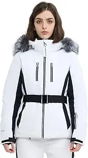 [HIGH EXPERIENCE] Women Ski Jacket Snowboard Fitted Slim Fit Short Snow Coat Belted Mountain Waterproof Insulated Warm Winter, White, X-Small