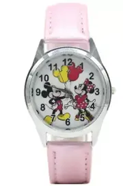 Mickey And Minnie Mouse Pink Leather Band Wrist Watch